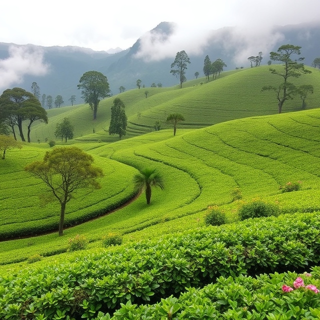 Tea garden in Cameron Highlands with lush greenery and misty hills.