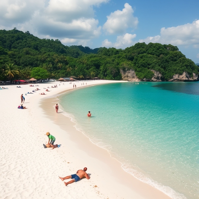 Langkawi beach with pristine water and duty-free shopping signs.