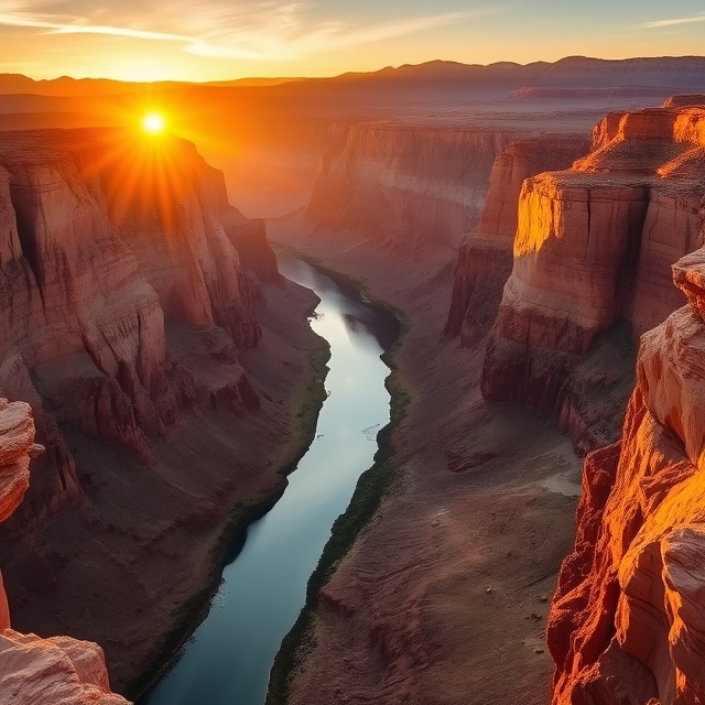 The Colorado River flowing through the Grand Canyon, shaping its landscape under a stunning sunset.