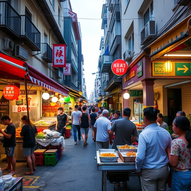 Jalan Alor at night with vibrant food stalls and diners.